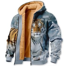 Men's Tiger Fleece Hoodie Jacket Sweatshirt Classic Hunting Long Sleeve Crew Neck Outdoor Camping Blue White Brown Coffee Zip Up Fall Winter Designer S M L XL