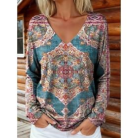 Women's Boho T Shirt Graphic Plants Tribal Vintage Stylish Classic Long Sleeve V Neck Regular Tops Daily Print Blue Light Green Wine Navy Blue Fuchsia Spring F