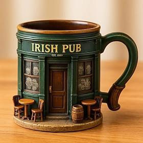Irish Pub 3D Resin Coffee Mug St. Patricks Day Shamrock Beer Stein Style Cup, Green Irish Festival Drinkware, Vintage Leprechaun Pub Mug for Home Bar, Holiday