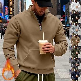 Men's Sweatshirt Fleece Sweatshirt Pullover Quarter Zip Sweatshirt Black White Army Green Navy Blue Camel Standing Collar Plain Kangaroo Pocket Sports  Outdoor
