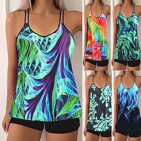 Women's Swimwear 2 Piece Shorts Swimsuit Backless Vacation Beach Wear Graphic Color Block V Neck Sleeveless Bathing Suits