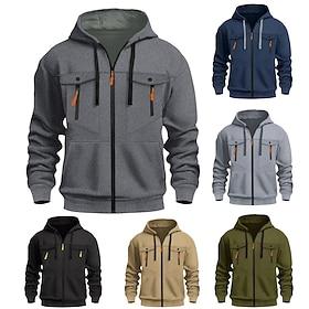 Men's Full Zip Hoodie Zip Up Hoodie Zip Hoodie Sweatshirt Tactical Hoodie Black Navy Blue Light Grey Hooded Plain Multi Pocket Zipper Pockets Daily Sports Out
