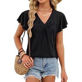 Women's Shirt T Shirt Ruffle Patchwork Eyelet Solid Color Elegant Fashion Classic Short Sleeve V Neck Regular Tops Daily Going out Weekend Black White Pink Gre