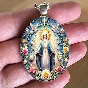 Virgin Mary Catholic Pendant Necklace, Religious Christian Medal with Doves, Cross, and Roses, Spiritual Jewelry Gift for Women