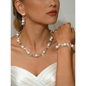 Women's Gold  Ivory Pearl Jewelry Set, Rhinestone Necklace Earrings Bracelet, Elegant Bridal Style for Wedding  Formal Events