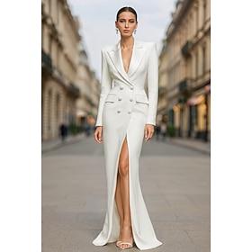 Women's Tuxedo Dress Sheath Column Wedding Formal Wedding Guest Satin 4-Way Stretch Fabric Elegant Tuxedo Glittering Long Sleeve Floor Length Peak Double Breas