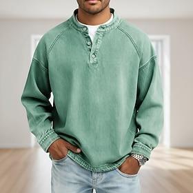 Men's T Shirt Henley Shirt Denim Shirt 100% Cotton Acid Wash Shirt Tee Top Long Sleeve Plain Vintage Streetwear Casual Garment Dyed Washed Raglan Sleeves Stand