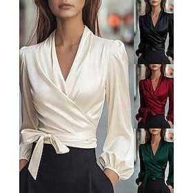 Women's Shirt Elegant Satin Top Blouse Lace up Plain Elegant Stylish Long Sleeve V Neck Regular Tops Daily Work Holiday Black Wine Green Apricot Summer Spring