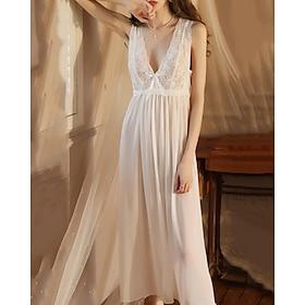 Women's Nightgown Casual Soft Satin Pure Color Patchwork Mesh Daily Home Bed Sleeveless V Neck Black White Wine Summer Loose Fit