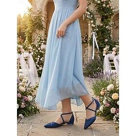 Women's Navy Blue Lace Bridesmaid Shoes with Ankle Strap – Pointed Toe Low Heel Wedding Shoe