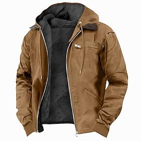 Men's Hoodie Full Zip Hoodie Sherpa Linend Army Green Blue Brown Gray Hooded Plain Pocket Sports  Outdoor Daily Holiday Polyester Vintage Streetwear Casual Fal