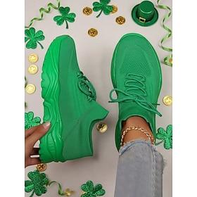 Women's Green Flyknit Sneakers - Lace-Up Design Comfort Casual Shoes, Ideal for St. Patrick's Day Events, Daily Walks, Outdoor Errands Casual Gatherings