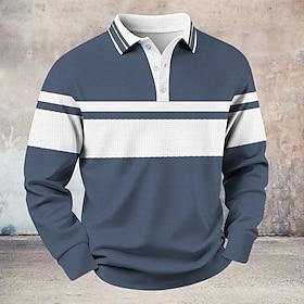 Men's Stripe Waffle Polo Shirts Rugby Polo Long Sleeve Polo Shirts Collared Shirts Casual Athleisure Daily Wear Buttons Spring Fall Winter Navy Blue