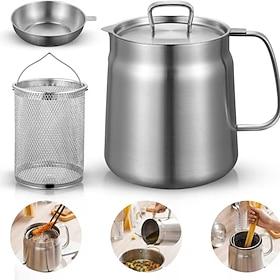 304 Stainless Steel Large Capacity Oil Filter Pot with Frying Basket – Multi-Functional Kitchen Cooking Tool for Efficient Oil Filtration, Ergonomic Handle, an