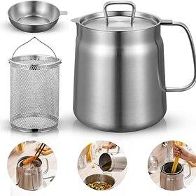304 Stainless Steel Large Capacity Oil Filter Pot with Frying Basket – Multi-Functional Kitchen Cooking Tool for Efficient Oil Filtration, Ergonomic Handle, an