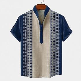 Men's Geometric Pattern Tribal Ethnic Shirt Button Down Shirt Short Sleeve Vintage Retro Holiday Casual Daily Summer Spring Standing Collar Henley Collar 3D Pr