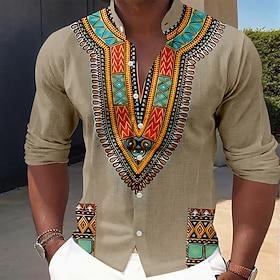 Men's Geometric Pattern Ethnic Indian Culture Shirt Button Up Shirt Stand Collar Shirt Long Sleeve Vintage Retro Daily Outdoor Vacation Spring Fall Mandarin Co