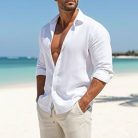 Men's Shirt Linen Shirt Summer Shirt Beach Wear Button Up Shirt Plain Casual Daily Black White Pink Green Long Sleeve Collar Summer Spring  Summer Clothing App