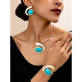 Women's Bohemian Alloy Jewelry Set with Turquoise Stones – Necklace, Earrings, and Bracelet, Available in Multiple Colors – Perfect for Casual and Festive Occa