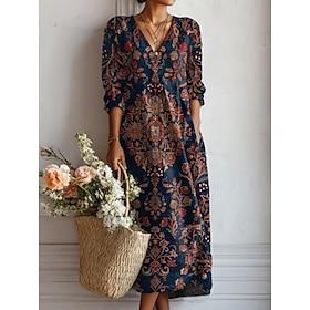 Women's Midi Dress Linen Like Breathable Lightweight Sundress A Line Dress Vacation Casual Boho Holiday Regular Fit Graphic Color Block Long Sleeve V Neck Navy