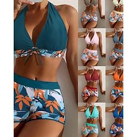 Women's Swimwear Bikini 2 Piece Shorts Swimsuit Patchwork Backless Vacation Beach Wear Floral Halter Neck Sleeveless Bathing Suits