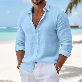 Men's Shirt Linen Shirt Summer Shirt Beach Wear Button Up Shirt Plain Casual Daily Black White Pink Green Long Sleeve Collar Spring  Summer Clothing Apparel