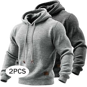 Men's Hoodie Waffle Hoodies Pullover BlackLight Gray WhiteDark Gray Dark GreyLight Grey KhakiGreen GreenApricot Hooded Plain Kangaroo Pocket Textured Casual Da