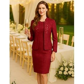 Two Piece Sheath Column Knee Length Prom Dress Party Dress Cocktail Dress Mother of the Bride Dress Long Sleeve Crew Neck Elegant Vintage Party with Embroidery