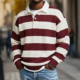 Men's Horizontal Stripes Waffle Polo Shirts Rugby Polo Rugby Polo Shirts Long Sleeve Polo Shirts Lapel Sportswear Casual School Athleisure Daily Wear 3D Print