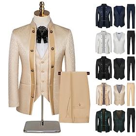 Men's Casual Prom Party Spring Wedding Suits Mandarin Collar Blue Black Fashion Luxury Patterned Slim Fit 3 Piece Double Breasted Six-buttons