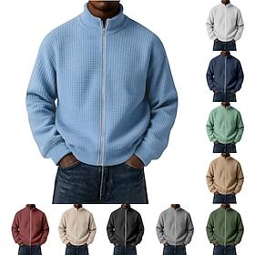 Men's Sweatshirt Waffle Sweatshirt Full Zip Sweatshirt Black White Light Green Wine Navy Blue Standing Collar Plain Zip Up Textured Casual Daily Sports  Outdoo