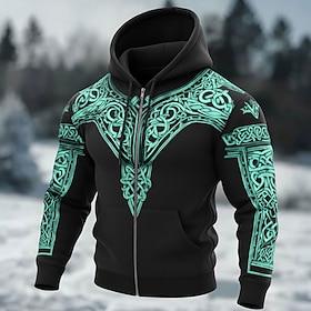Men's Optical Illusion Celtics Hoodie Jacket Sweatshirt Viking 3D Fantasy All Over Print Long Sleeve Zip Streetwear Vacation Going out Blue Brown Green Gray Zi