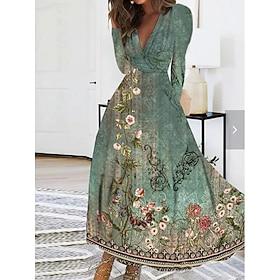 Women's Maxi Dress A Line Dress Vacation Casual Outdoor Going out Regular Fit Floral Graphic Long Sleeve V Neck Blue White Green Summer Spring Fall
