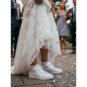 Women's Ivory Lace Wedding Sneakers with Satin Ribbon Laces and Rhinestone Heart Charm – Comfortable Bridal Shoes for Weddings