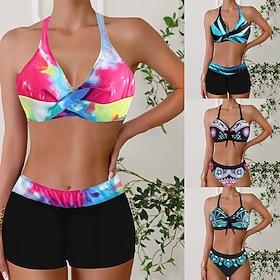 Women's Bikini 2 Piece Swimsuit Cheeky Slim Backless Vacation Beach Wear Graphic Color Block Halter Neck Sleeveless Bathing Suits