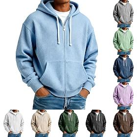 Men's Hoodie Full Zip Hoodie Waffle Hoodies Apricot Black White Light Green Army Green Hooded Plain Textured Sports Outdoor Casual Daily Streetwear Cool Sport