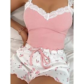 Women's Pajama Set Casual Comfort Floral Lace Elastic Waist Strap Top Shorts Daily Home Sleeveless Straps Blue Pink Wine Khaki Summer Spring Regular Fit