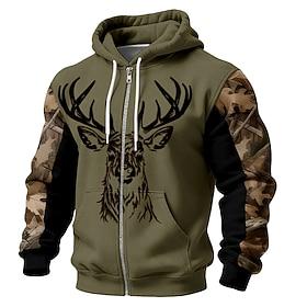Men Zip Up Hoodie Deer Head Line Art Graphic Camouflage Sleeves Tactical Hunting Sweatshirt Army Green Outdoor Jacket Clothing Apparel S M L XL XXL XXXL