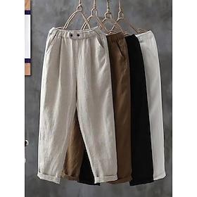 Women's Cotton Linen Pants Trousers Summer Pants Baggy Pants Vacation Basic Casual Ankle-Length High Waist Plain Pocket Elastic Waistband Comfort Soft Breathab