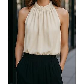 Women's T Shirt Blouse Solid Color Elegant Fashion Sleeveless High Neck Regular Tops Daily Going out Weekend Patchwork Summer Spring