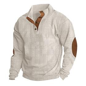 Men's Sweatshirt Corduroy Pullover Hoodie Sweatshirt Pullover Button Up Hoodie Apricot Denim Blue Black White Army Green Standing Collar Plain Patchwork Casual