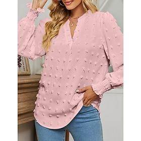 Women's Popover Shirt Casual Shirt Blouse Ruched Solid Color Stylish Casual Long Sleeve V Neck Regular Tops Daily Outdoor Holiday Black White Light Green Pink