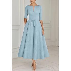 A-Line Ankle Length Party Dress Cocktail Dress Wedding Guest Dress Mother of the Bride Dress 3/4 Length Sleeve V Neck Elegant Vintage Formal Jacquard with Sash