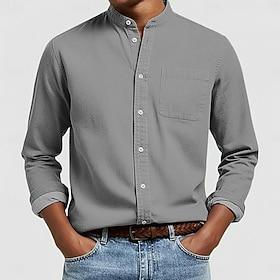 Men's Shirt Casual Shirt Band Collar Shirt White Pink Navy Blue Green khaki Long Sleeve Plain Mandarin Collar Henley Casual Outdoor Pocket Clothing Apparel Pol