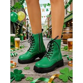 Women's Green Lace-up Boots with St. Patrick's Day Vibe – Stylish Durable Boots with Sturdy Soles, Ideal for Parades, Outdoor St. Patrick's Day Celebrations an