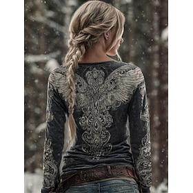 Women's Viking Vings T Shirt Graphic Vintage Bohemia Vintage Fashion Long Sleeve Crew Neck Regular Tops Daily Weekend Print Dark Gray Spring Fall Winter