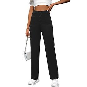 Women's Chinos Straight Streetwear Casual Full Length Medium Waist Plain Pocket Elastic Waist Comfort Comfortable Inelastic Daily Outdoor Vacation dark brown r