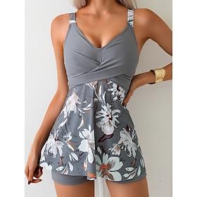 Women's Tankini 2 Piece Swimsuit Boy Leg Tummy Control High Waist Slim Backless Vacation Beach Wear Floral V Neck Sleeveless Bathing Suits