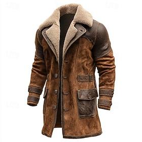 Men's Winter Coat Faux Suede Jacket Fleece Jacket Casual Jacket Outdoor Daily Thermal Warm Pocket Fall Winter Plaid Vintage Streetwear Lapel Long Brown Jacket