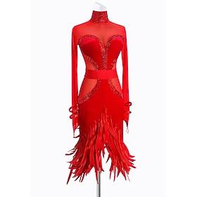 Glamorous Red Latin Dance Dress for Women - Long Mesh Sleeves, Rhinestone Embellished Mock Neck Bodice, Feather Hem Skirt, Includes Wrist Cuffs Rumba Salsa Go
